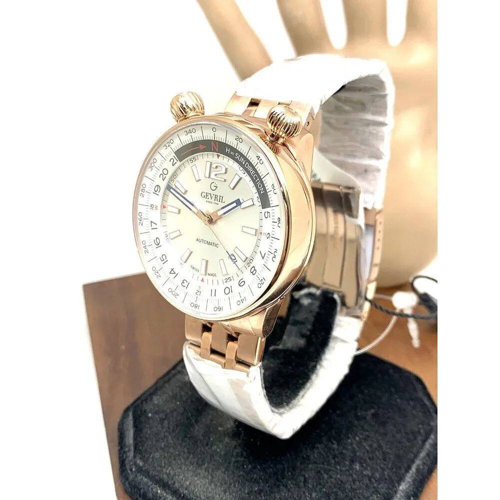 Gevril Men's Watch 48564 Swiss Automatic Wallabout Solar Compass Rose Gold 44mm